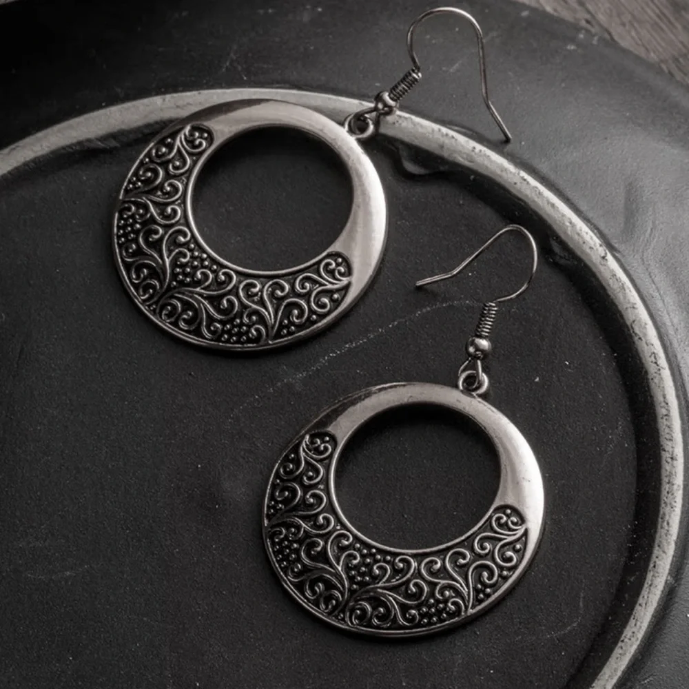 Antiqued Gunmetal Boho Circle Dangle Earrings